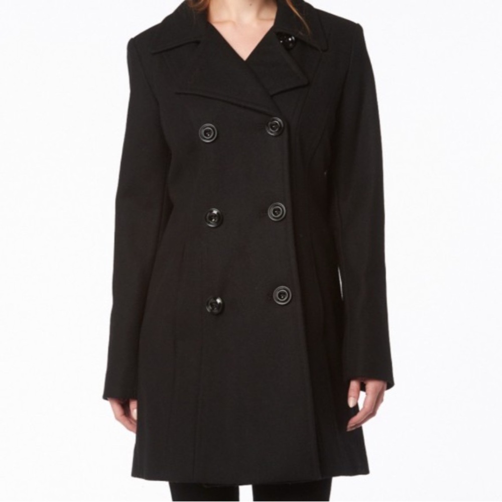 Anne Klein Classic Pure Black Wool Pea Coat Women’s Size M Double-Breasted Style